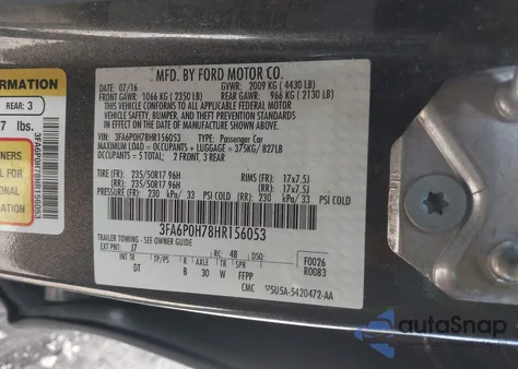 2017 Ford Fusion Se из США, поврежденный, VIN 3FA6P0H78HR156053